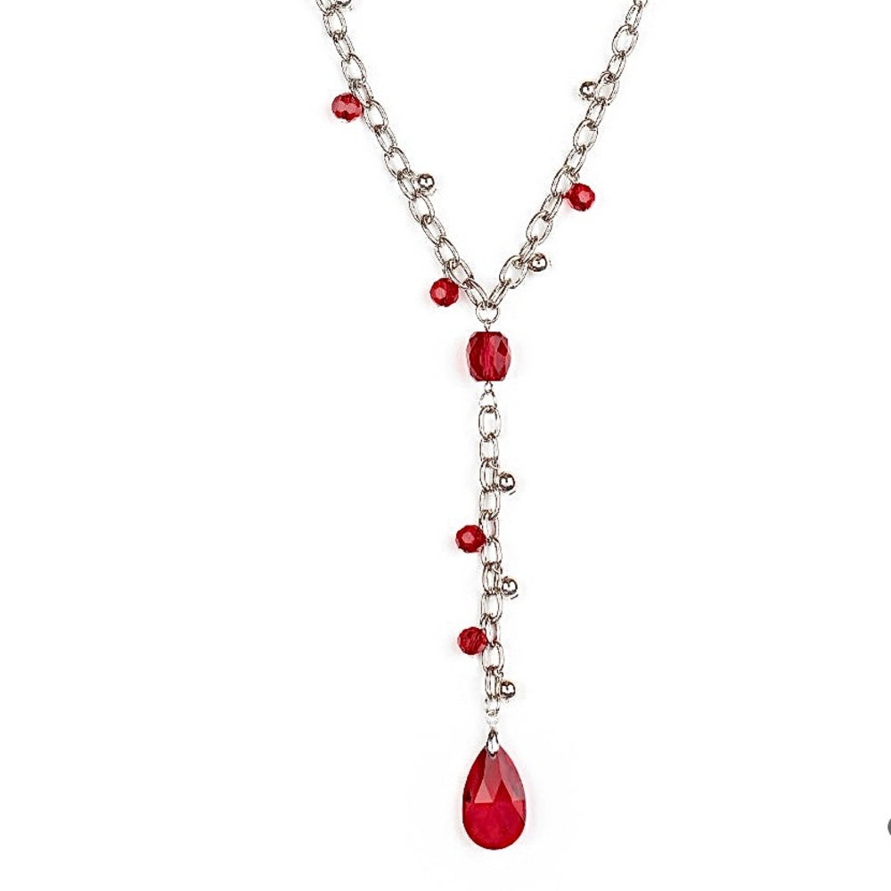 Ruby red rhinestone silver chain necklace